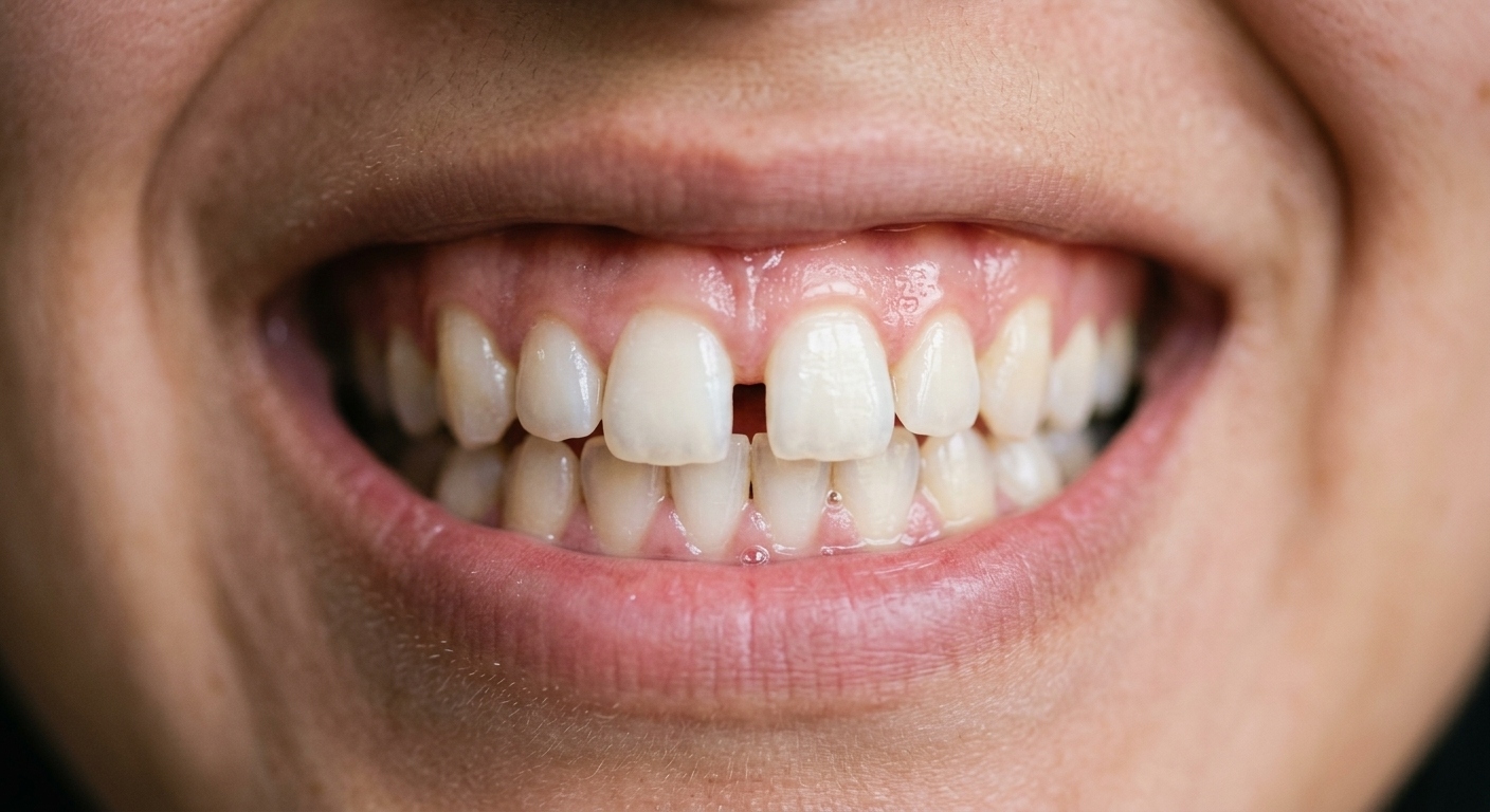 Sonrisa con espacio entre los dientes de adelante antes de un tratamiento de diastema en Vanedent, Breña