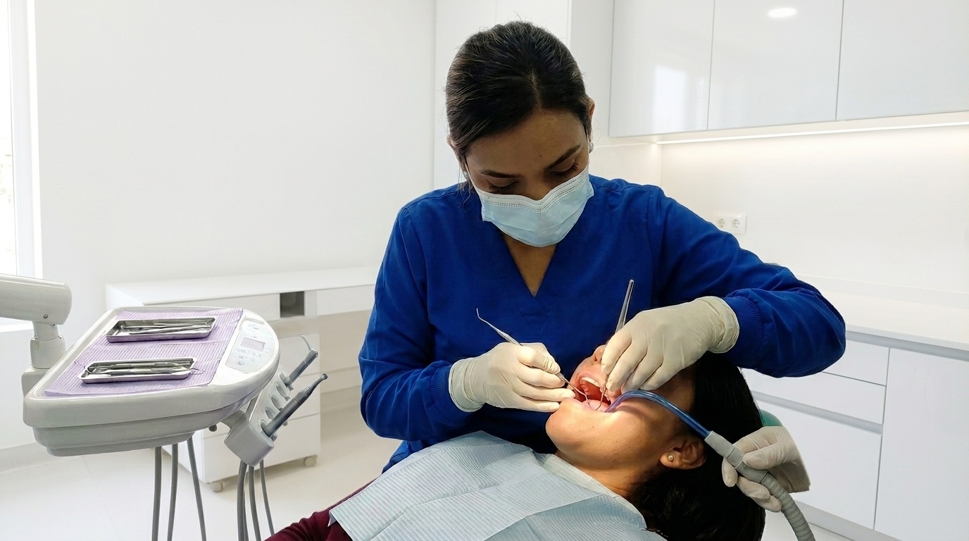 Odontóloga realiza un curetaje dental en el consultorio dental Vanedent en Breña, Lima